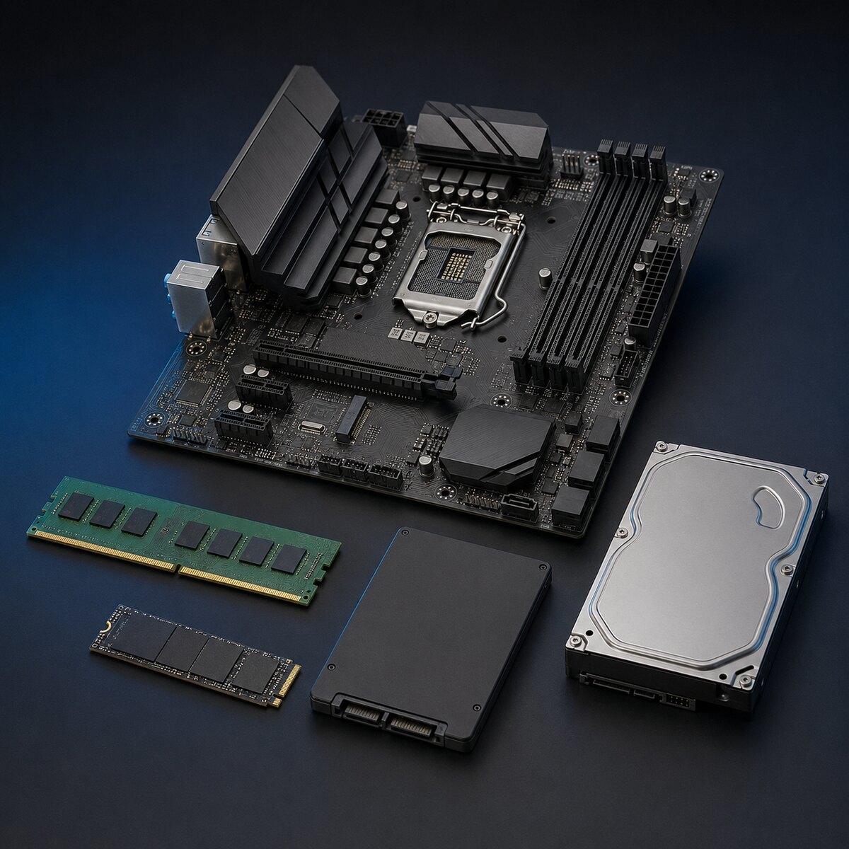 دسته قطعات کامپیوتر قطعات کامپیوتر شامل مادربرد، رم، SSD و هارددیسک